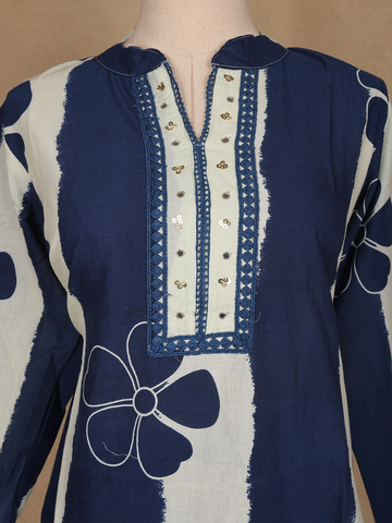 Blue Floral Design Printed Cotton Salwar Suit - Diadem