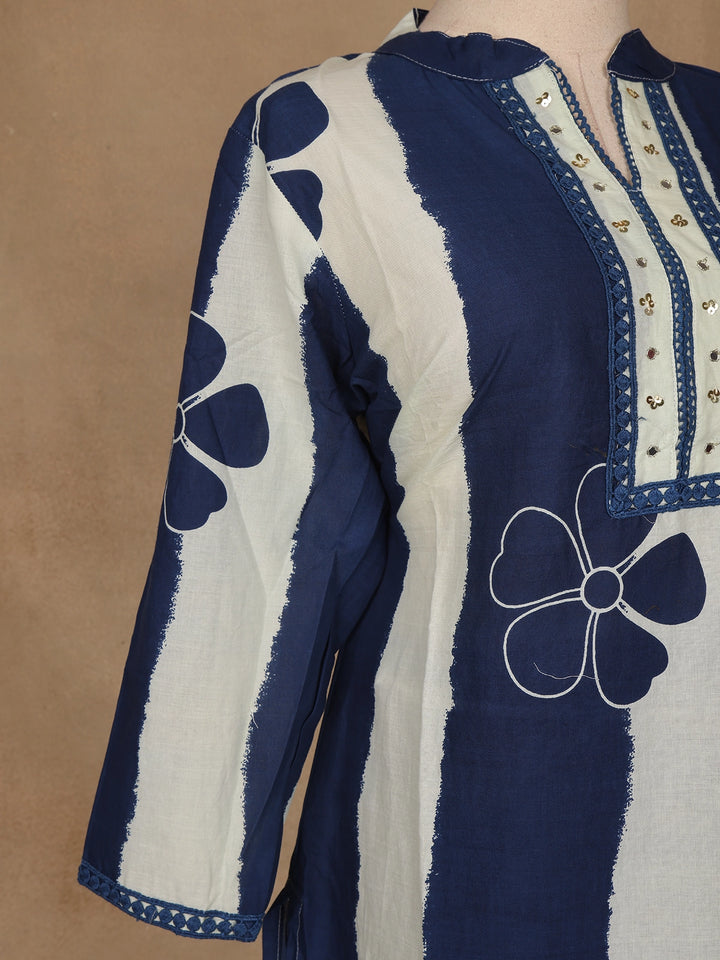 Blue Floral Design Printed Cotton Salwar Suit - Diadem
