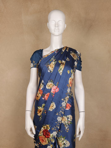 Blue Floral Designed Satin Saree - Diadem