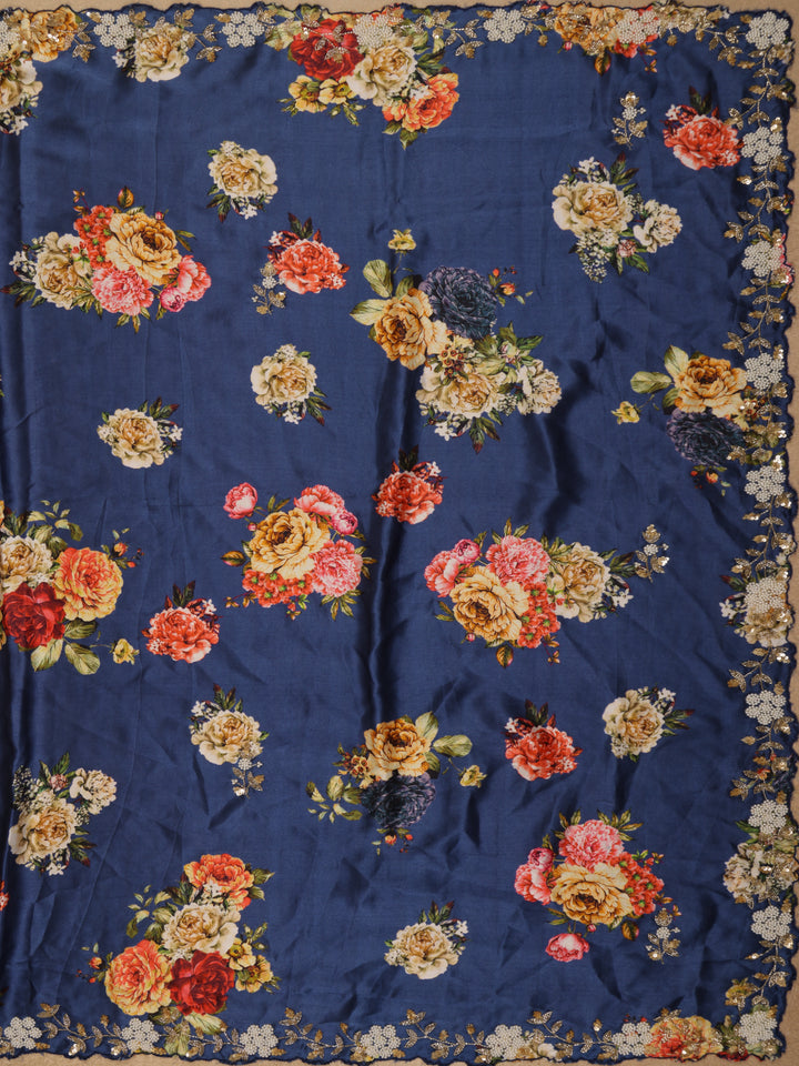 Blue Floral Designed Satin Saree - Diadem