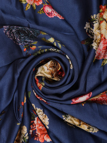 Blue Floral Designed Satin Saree - Diadem