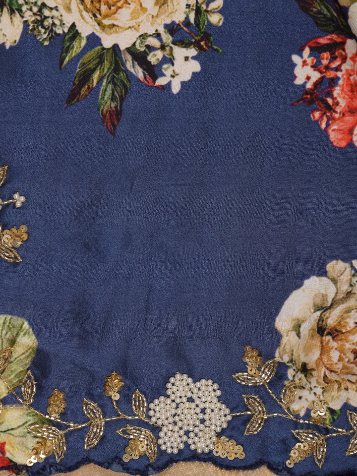 Blue Floral Designed Satin Saree - Diadem