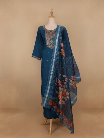 Blue Floral Designed Semi Silk Salwar Suit - Diadem