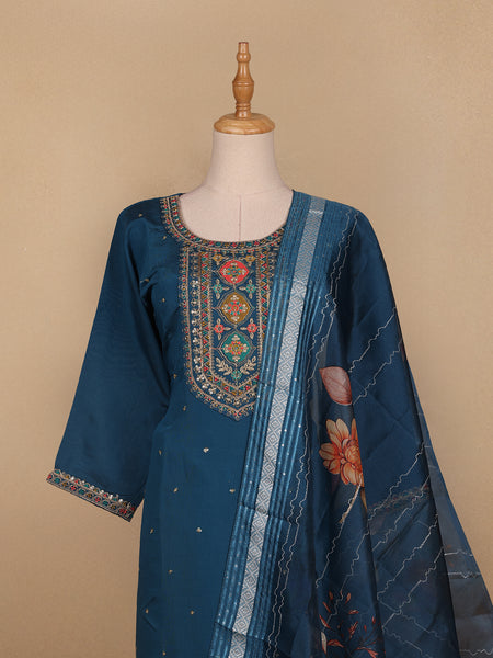 Blue Floral Designed Semi Silk Salwar Suit - Diadem