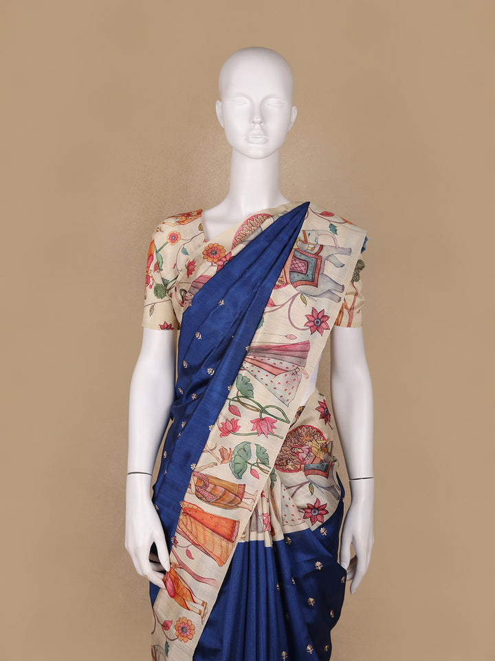 Blue Floral Designed Semi Tussar Saree - Diadem