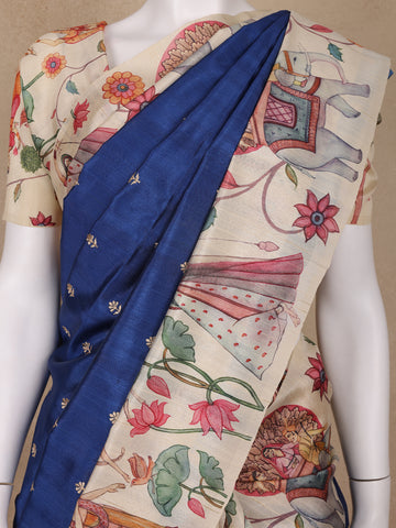 Blue Floral Designed Semi Tussar Saree - Diadem