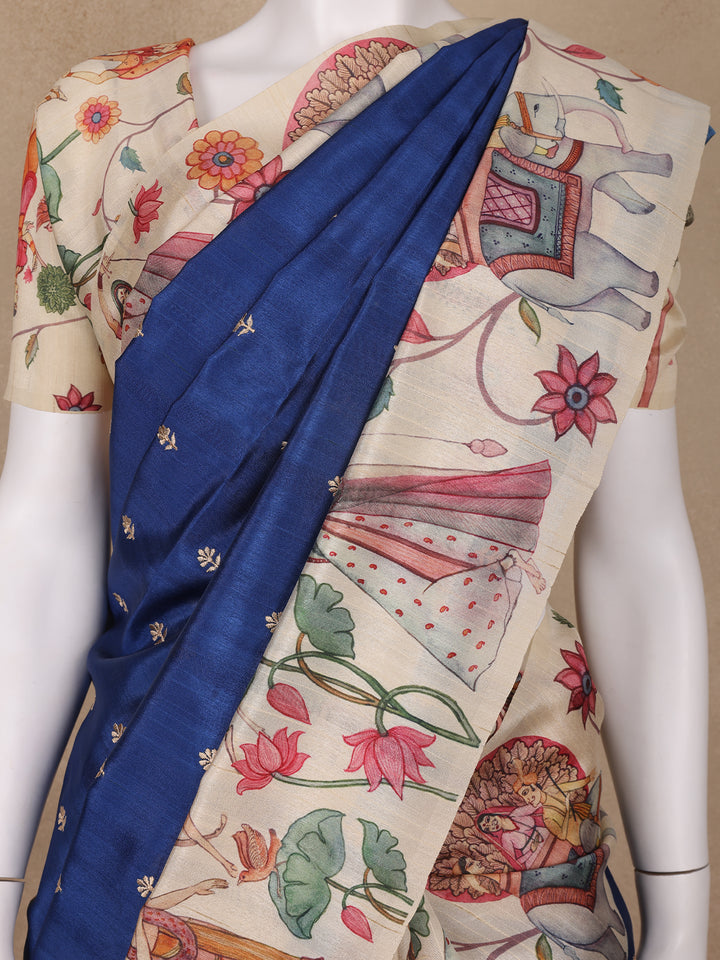 Blue Floral Designed Semi Tussar Saree - Diadem