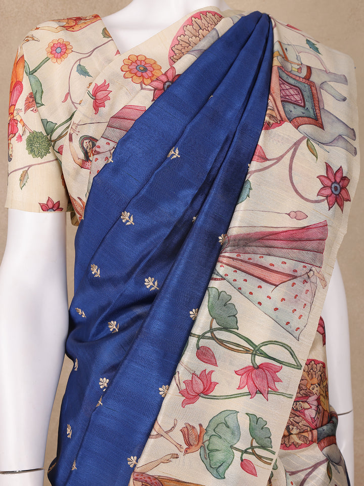 Blue Floral Designed Semi Tussar Saree - Diadem