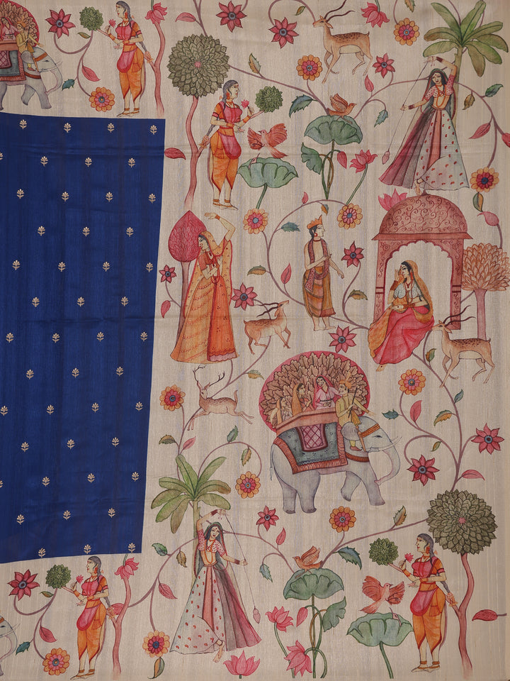 Blue Floral Designed Semi Tussar Saree - Diadem