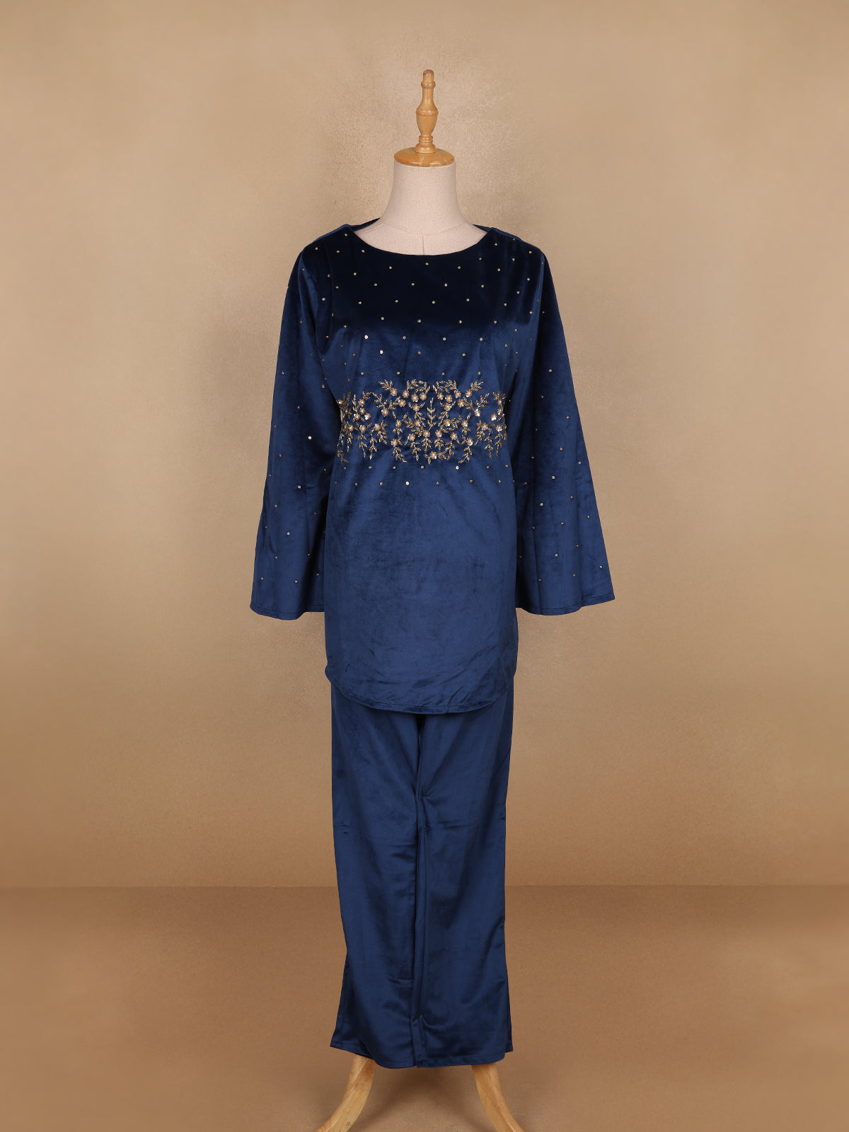 Blue Floral Designed Velvet Co Ord Salwar Suit - Diadem