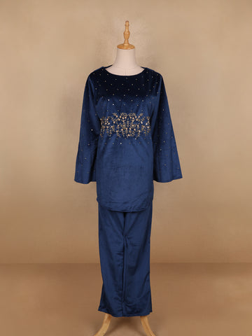 Blue Floral Designed Velvet Co Ord Salwar Suit - Diadem