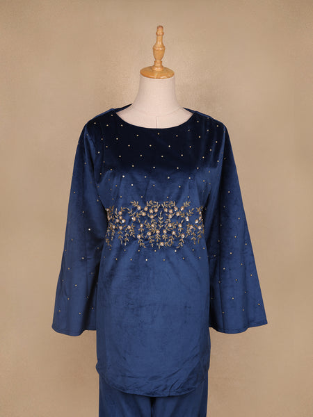 Blue Floral Designed Velvet Co Ord Salwar Suit - Diadem
