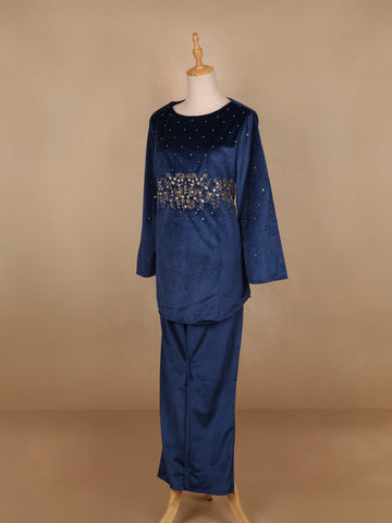 Blue Floral Designed Velvet Co Ord Salwar Suit - Diadem