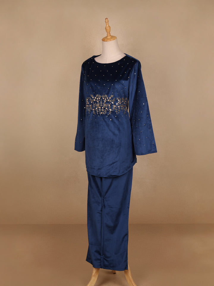 Blue Floral Designed Velvet Co Ord Salwar Suit - Diadem