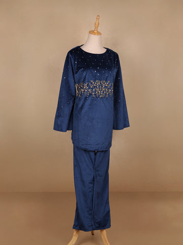 Blue Floral Designed Velvet Co Ord Salwar Suit - Diadem
