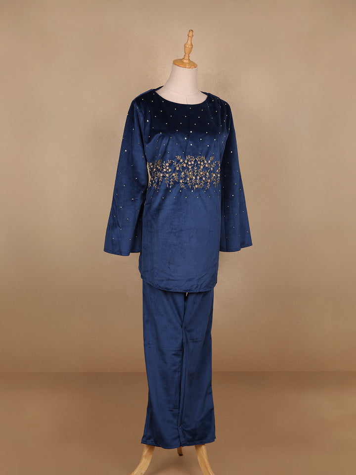 Blue Floral Designed Velvet Co Ord Salwar Suit - Diadem
