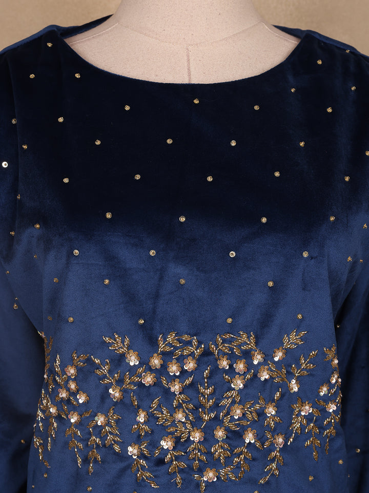 Blue Floral Designed Velvet Co Ord Salwar Suit - Diadem