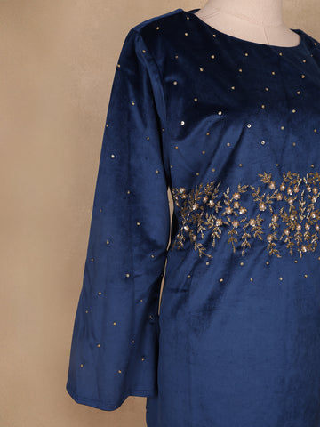 Blue Floral Designed Velvet Co Ord Salwar Suit - Diadem
