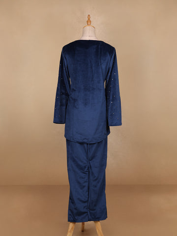 Blue Floral Designed Velvet Co Ord Salwar Suit - Diadem
