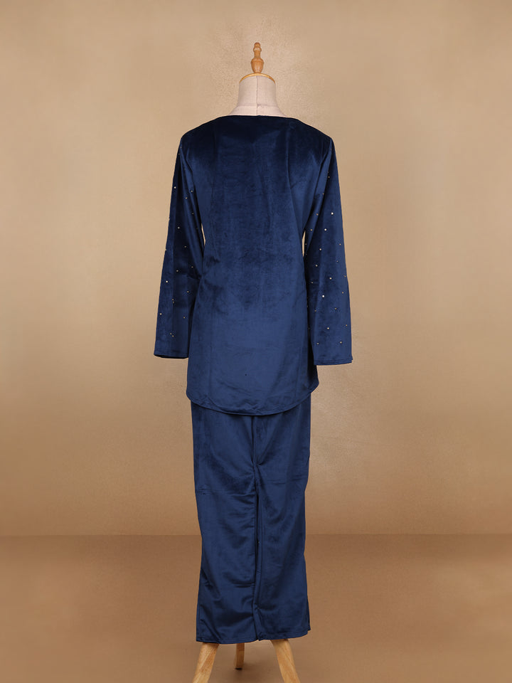 Blue Floral Designed Velvet Co Ord Salwar Suit - Diadem