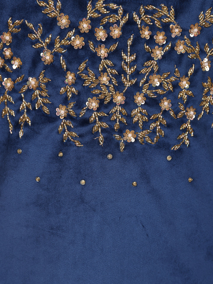 Blue Floral Designed Velvet Co Ord Salwar Suit - Diadem
