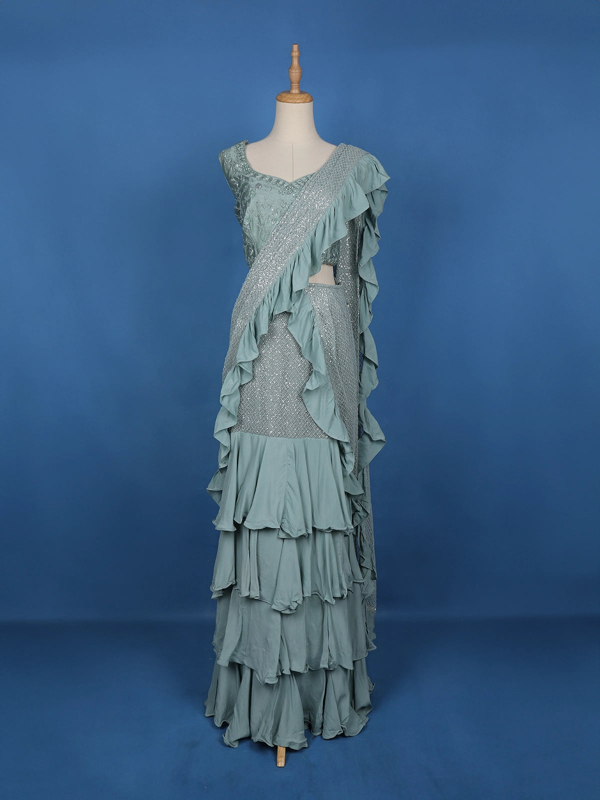 Blue Floral Designs Net Ready To Wear Saree with Designer Blouse - Diadem