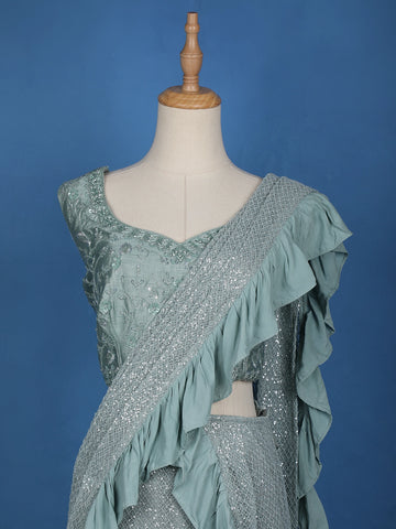 Blue Floral Designs Net Ready To Wear Saree with Designer Blouse - Diadem