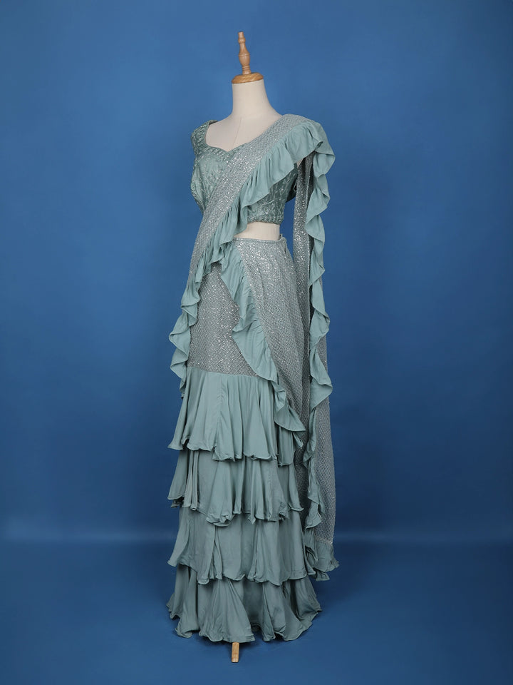 Blue Floral Designs Net Ready To Wear Saree with Designer Blouse - Diadem