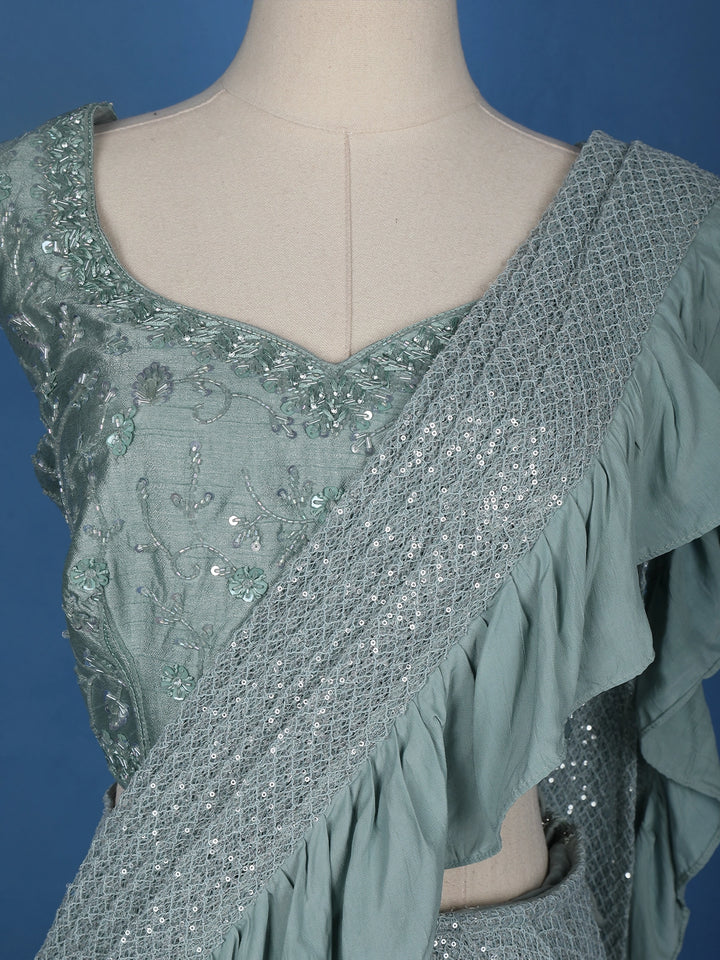 Blue Floral Designs Net Ready To Wear Saree with Designer Blouse - Diadem