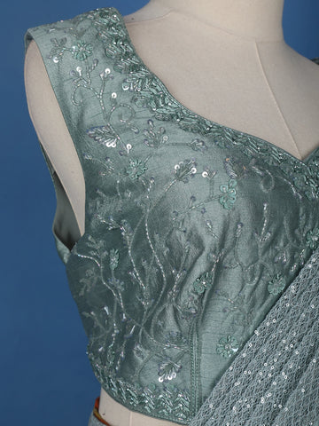 Blue Floral Designs Net Ready To Wear Saree with Designer Blouse - Diadem