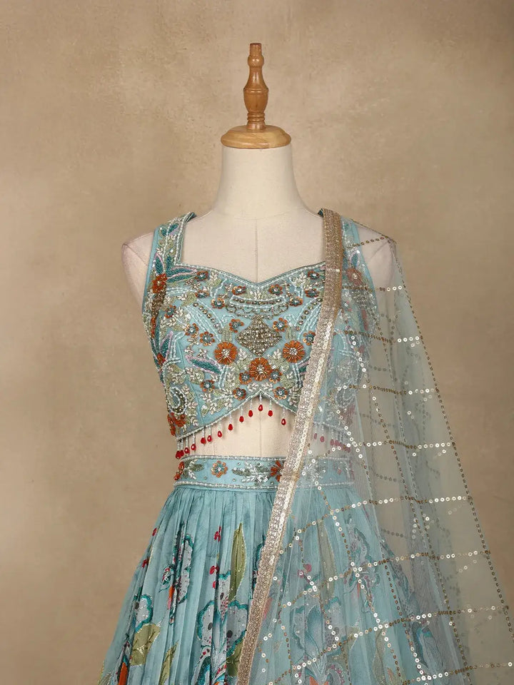 Blue Floral Embroidered Crepe Bridesmaids Lehenga - Diadem