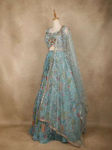 Blue Floral Embroidered Crepe Bridesmaids Lehenga - Diadem