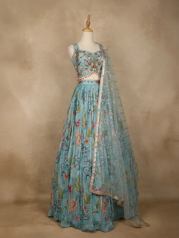 Blue Floral Embroidered Crepe Bridesmaids Lehenga - Diadem