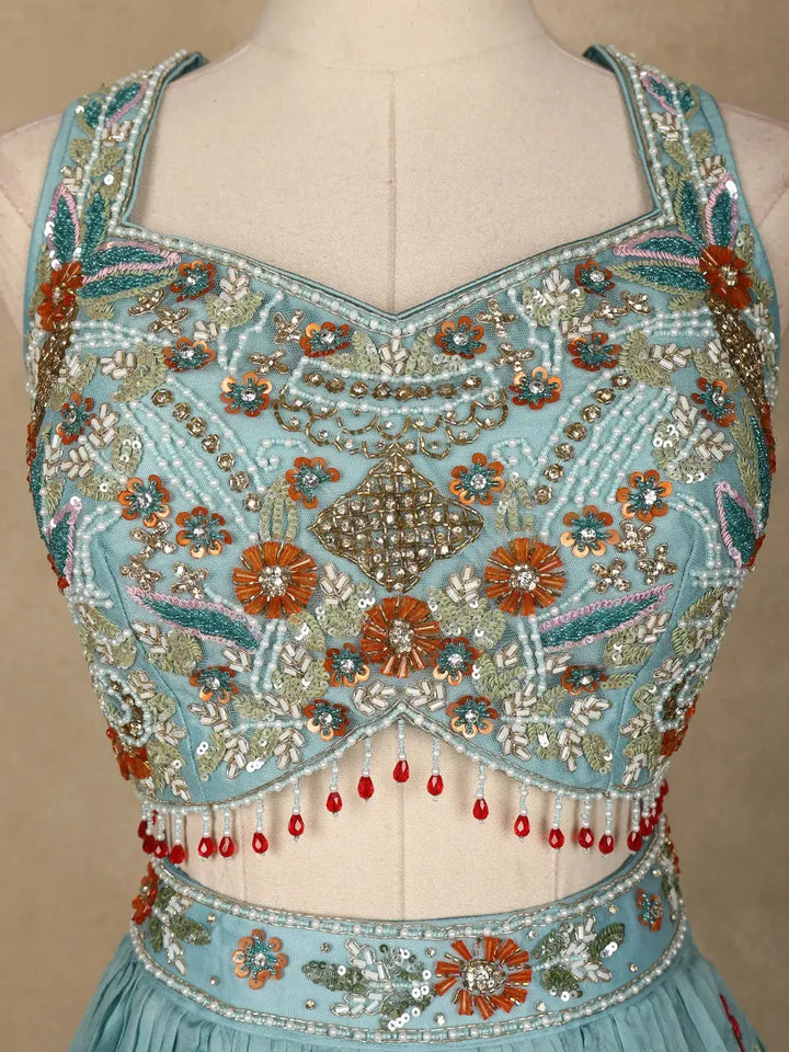 Blue Floral Embroidered Crepe Bridesmaids Lehenga - Diadem