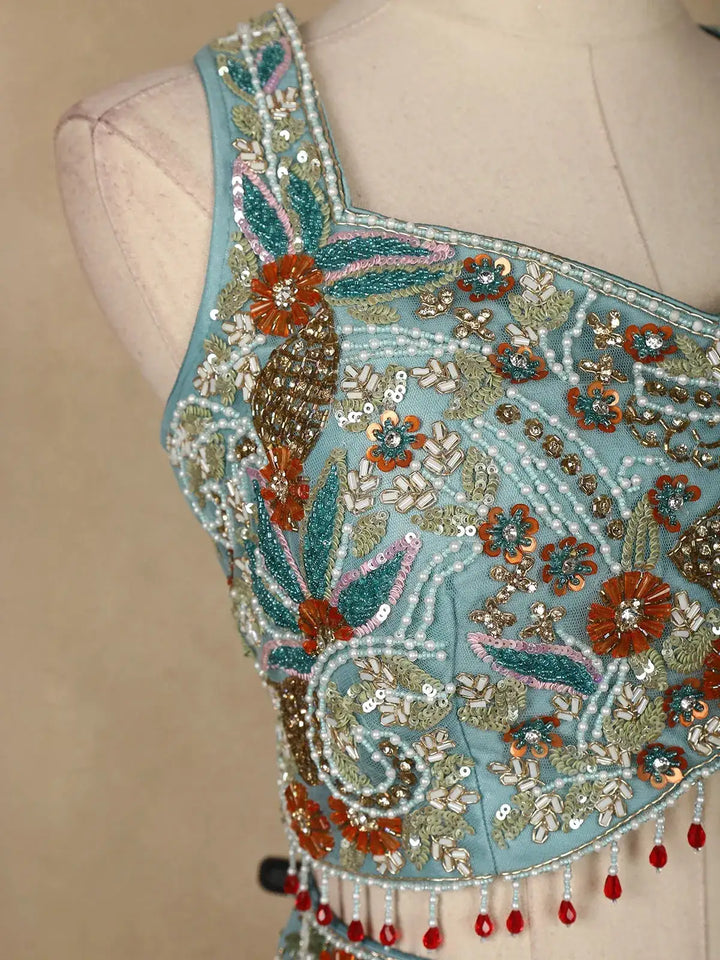 Blue Floral Embroidered Crepe Bridesmaids Lehenga - Diadem