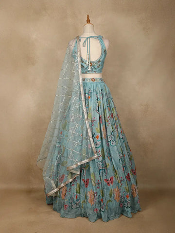 Blue Floral Embroidered Crepe Bridesmaids Lehenga - Diadem