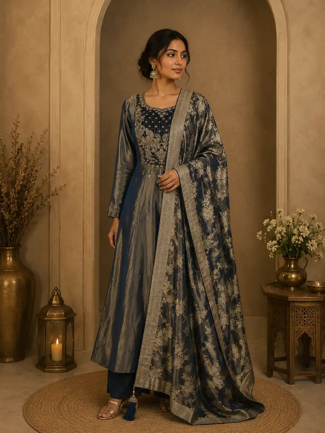 Blue Floral Embroidered Tissue Silk Palazzo Suit with Dupatta
