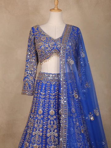 Blue Floral Embroidery Bridal Net Lehenga - Diadem