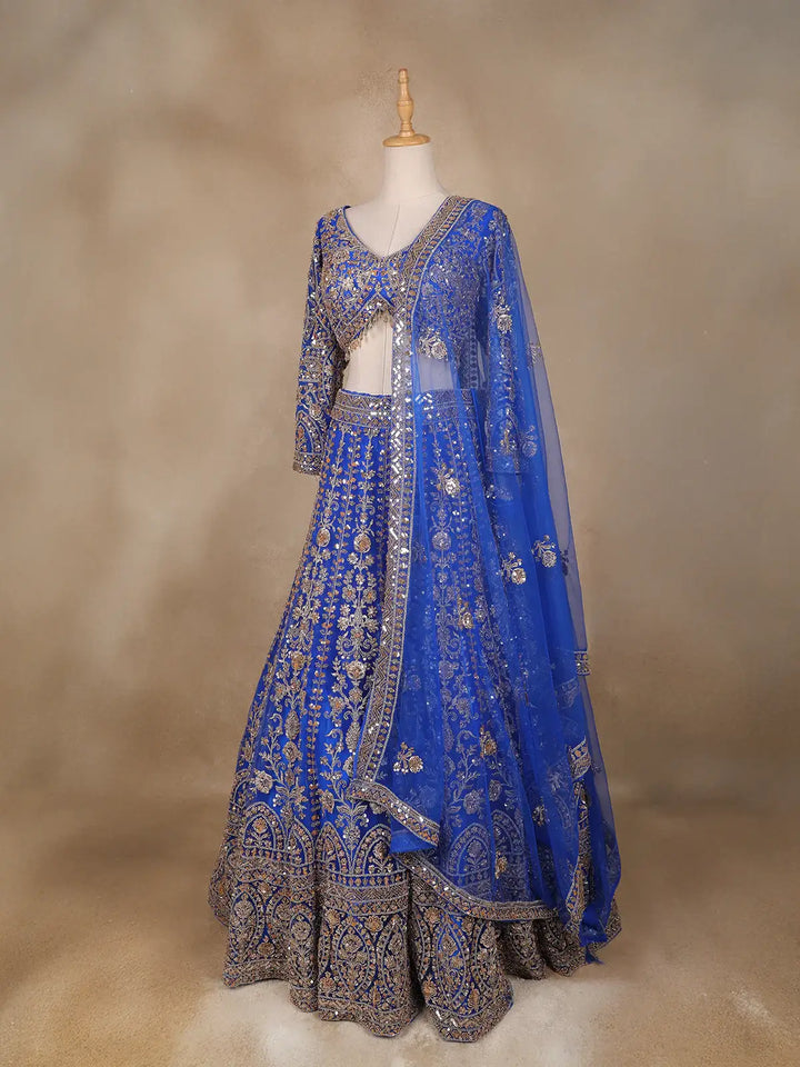 Blue Floral Embroidery Bridal Net Lehenga - Diadem