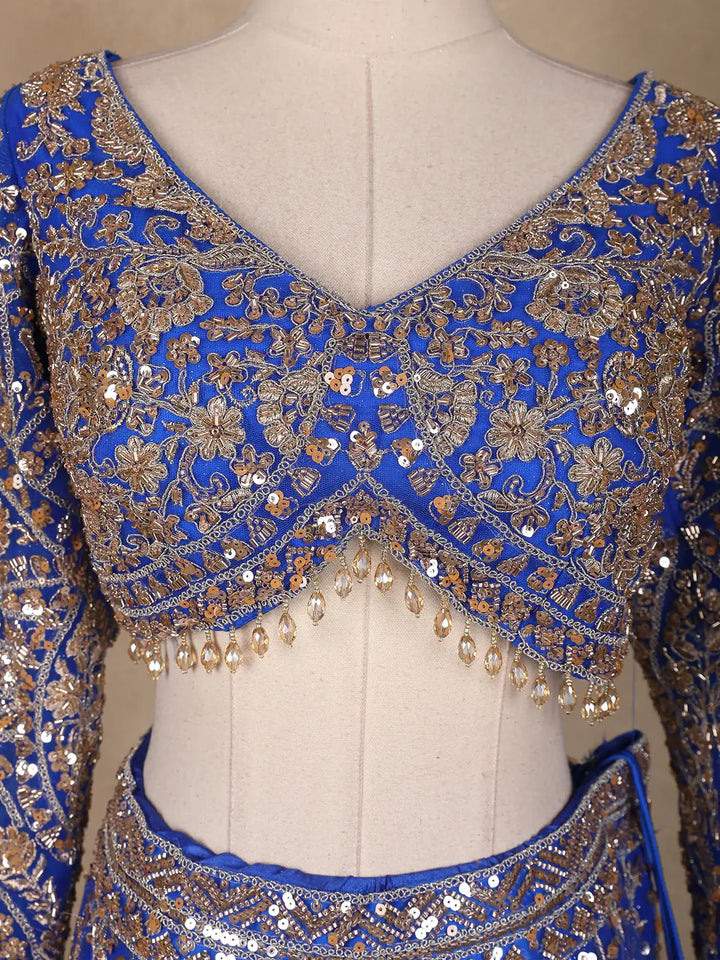 Blue Floral Embroidery Bridal Net Lehenga - Diadem