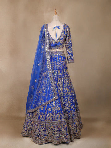 Blue Floral Embroidery Bridal Net Lehenga - Diadem