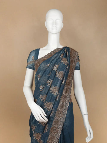 Blue Floral Embroidery Chiffon Silk Saree - Diadem