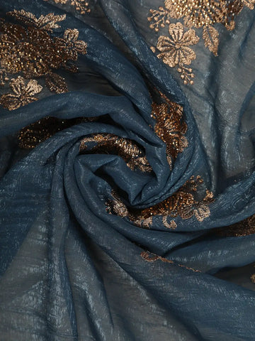Blue Floral Embroidery Chiffon Silk Saree - Diadem