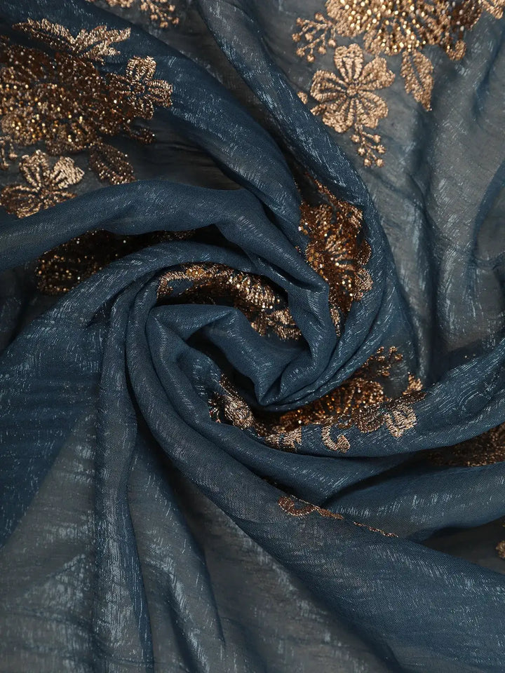 Blue Floral Embroidery Chiffon Silk Saree - Diadem