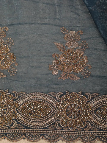 Blue Floral Embroidery Chiffon Silk Saree - Diadem