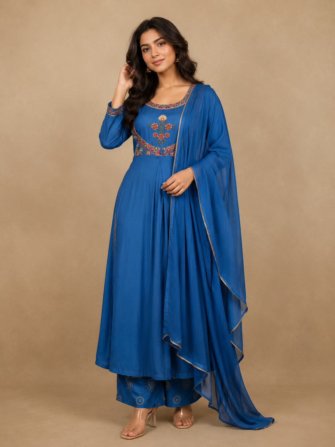Blue Floral Embroidery Cotton Rayon Straight Cut Salwar Suit