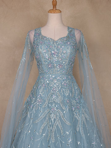Blue Floral Embroidery Net Bridal Gown - Diadem