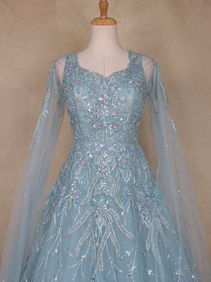 Blue Floral Embroidery Net Bridal Gown - Diadem