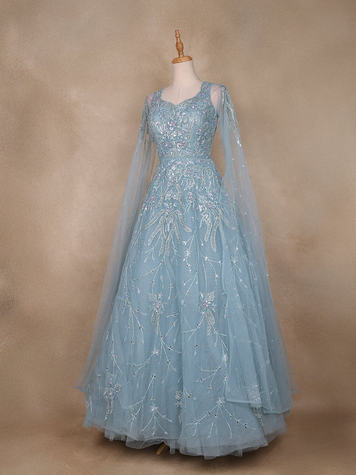 Blue Floral Embroidery Net Bridal Gown - Diadem