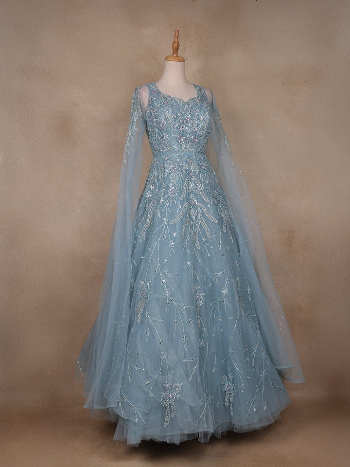 Blue Floral Embroidery Net Bridal Gown - Diadem